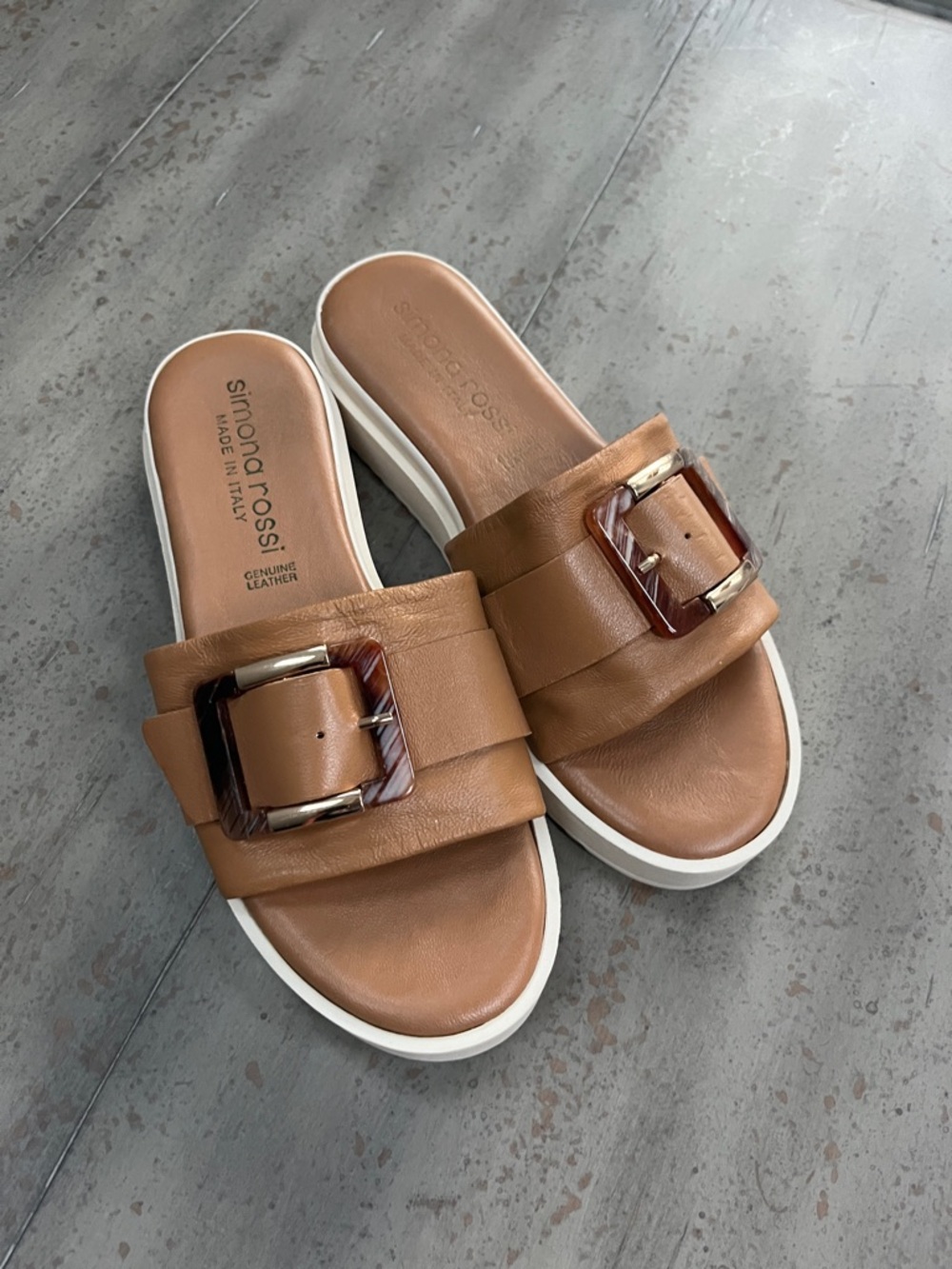 Simona Rossi Tan Leather Slide Sandals with Buckle